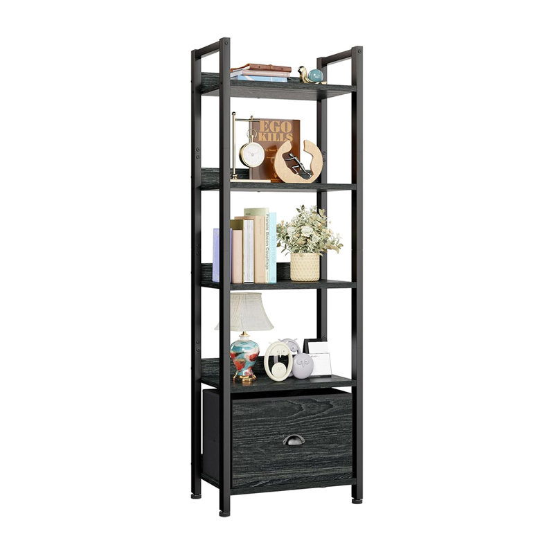 5 Tier Bookshelf With Drawer Kitchen Bakers Rack With Storage Tall Narrow Bookcase